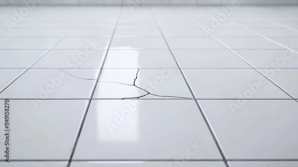 Fototapeta A cracked tile floor with a clean, bright appearance, showcasing the damage on a white surface.