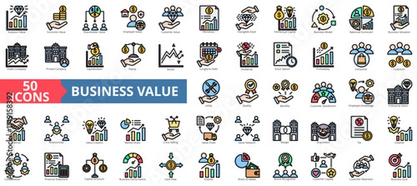 Fototapeta Business value icon collection set. Containing economic,shareholder,employee,customer,monetary,equity,profitability icon. Simple flat vector illustration