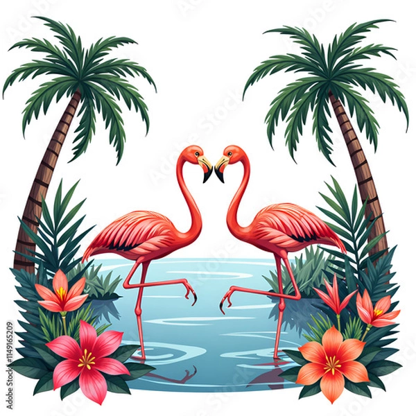 Fototapeta A serene encounter between flamingos surrounded by lush tropical foliage and vibrant flowers, digital illustration of tropical scene concept.