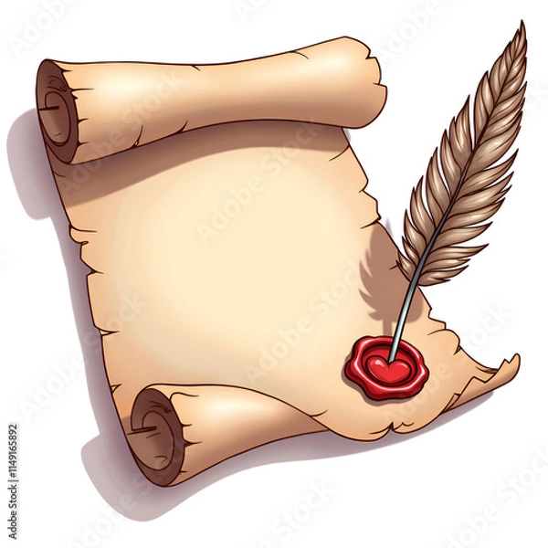 Fototapeta Vintage parchment scroll with red wax seal and quill pen on a bright background, illustration of still life concept.