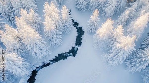 Fototapeta Aerial View of a Snow-Covered Forest with a Winding River