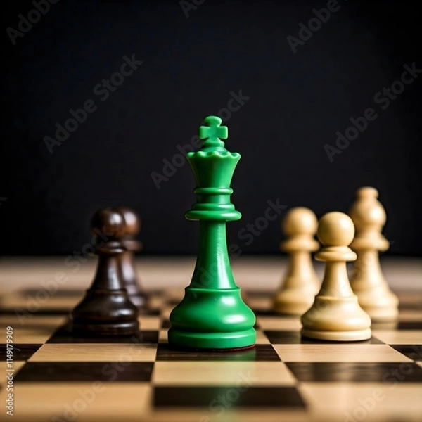 Fototapeta green king in chess game, Concept of leadership for good company policy.