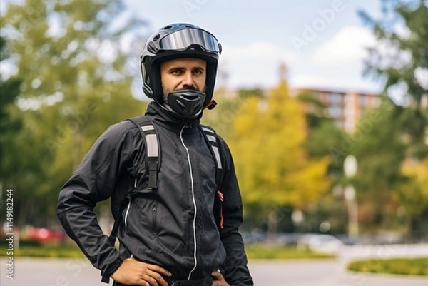 Fototapeta Portrait of a biker in a protective helmet and black jacket.