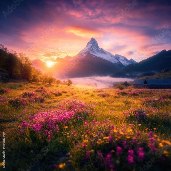Fototapeta A serene mountain landscape at sunrise, with colorful wildflowers in the foreground and misty clouds hugging the peaks