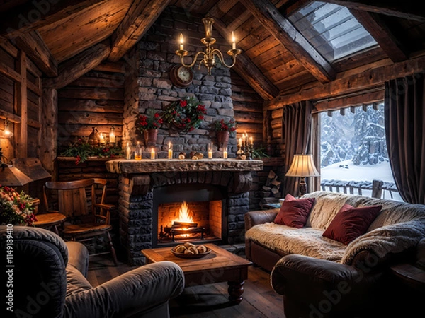 Obraz inside a cozy cabin living room with fireplace and big windows overlooking snowy pine forest