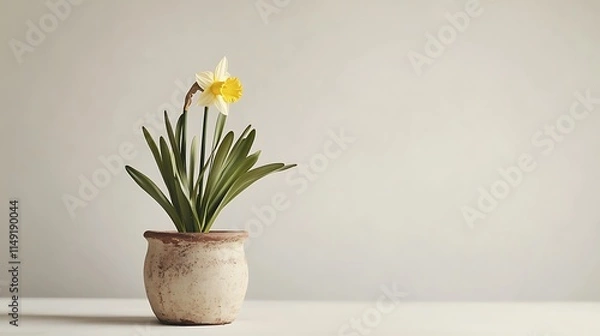 Fototapeta yellow daffodil plant in a rustic pot isolated on white background