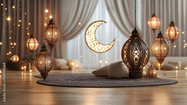 Fototapeta A cozy, illuminated space with decorative lanterns and a crescent moon, creating a serene atmosphere.