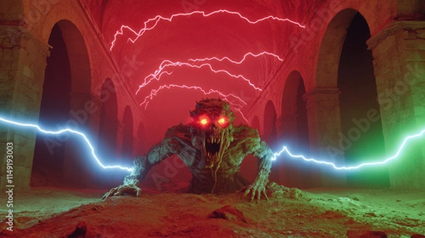 Obraz Retro 80s Monster with Classic Lightning Effects in Spooky Setting
