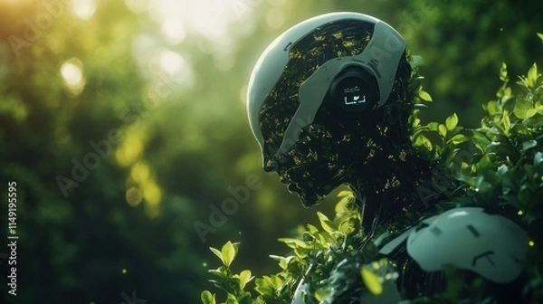 Fototapeta Bio-integrated Robot in Lush Forest: A Symbiotic Future