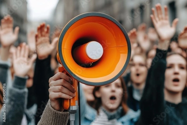 Fototapeta Protester with Megaphone Leading a Demonstration for Change