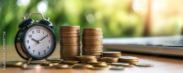 Fototapeta Time management and savings are symbolized by clock and coins