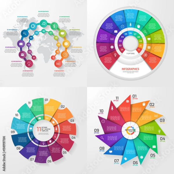 Fototapeta Set of four vector infographic templates. Business, education, industry, science concept with 11 values, options, parts, steps, processes.