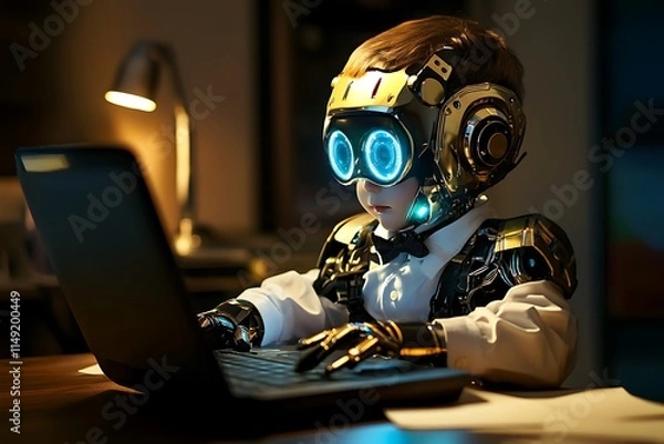 Fototapeta Child Robot Working on Laptop. Future Technology Concept.