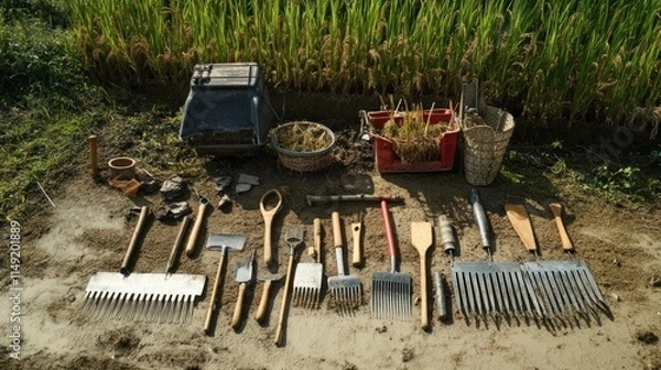 Fototapeta Rice Harvesting Tools Displayed in a Paddy Field