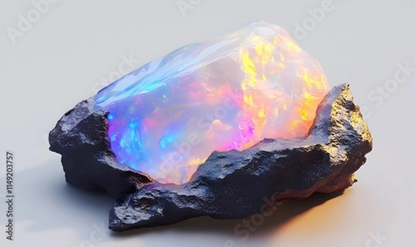 Fototapeta Iridescent opal gemstone embedded in dark rock.