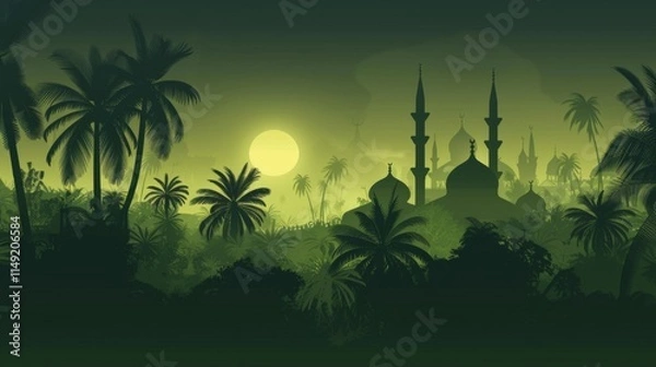 Fototapeta Mosque silhouette, mawlid. Web banner with copy space.