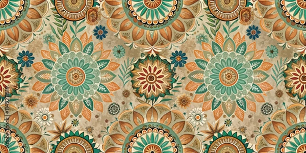 Obraz A vibrant floral pattern featuring intricate designs in teal and earthy tones.