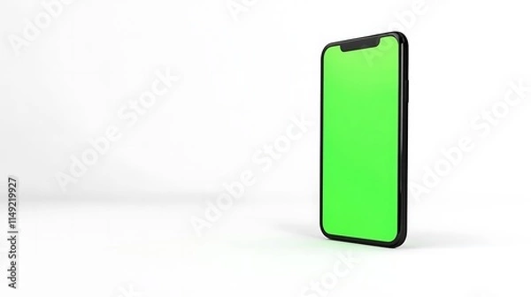Fototapeta Side view of smartphone mockup with green screen standing sideways on a white background