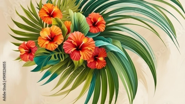 Obraz AI GENERATE background, Tropical floral abstraction with overlapping palm leaves and hibiscus flowers