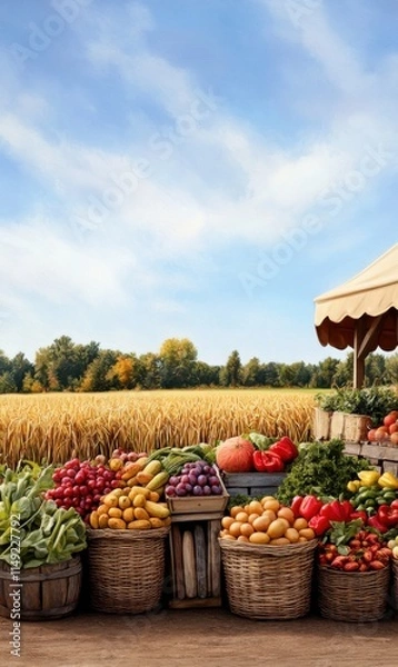 Fototapeta Vibrant Market Scene with Fresh Fruits and Vegetables Surrounded by Lush Fields and Scenic Sky