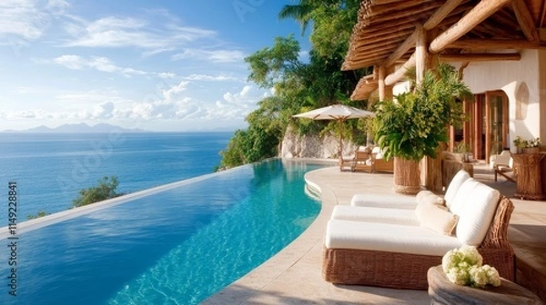 Fototapeta Exclusive private ocean villa concept. A serene view of an infinity pool overlooking the ocean, perfect for relaxation and luxury vacation vibes.