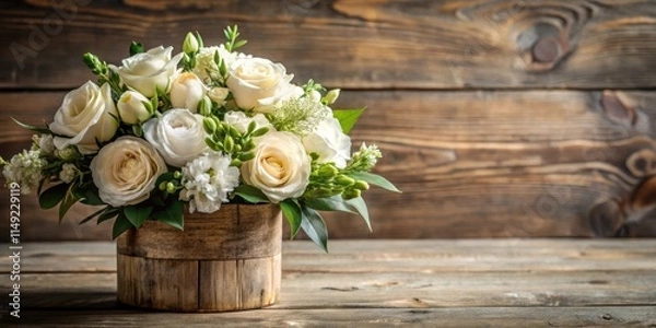 Fototapeta delicate white cream colored flowers arranged in a beautiful bouquet with lush green leaves and a rustic wooden vase