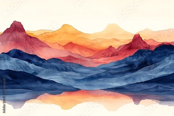 Fototapeta Abstract Watercolor Painting of Serene Mountains with a Reflective Lake.