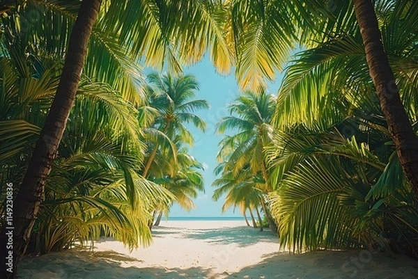 Fototapeta A serene tropical scene featuring lush green palm trees framing a view of a tranquil beach, with soft sand and a bright blue sky, creating a relaxing ambiance.