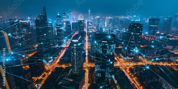 Obraz Futuristic city with glowing network connections, Advanced smart city infrastructure at night