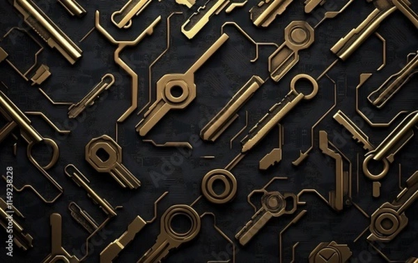 Fototapeta Abstract Gold Keys on Dark Circuit Board Background Futuristic Technology and Security Concept