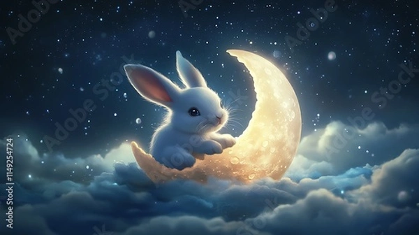 Fototapeta Adorable moon rabbit nestled atop a floating moon with soft light in a peaceful night sky