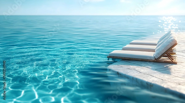 Fototapeta A serene poolside scene with lounge chairs beside crystal-clear water.