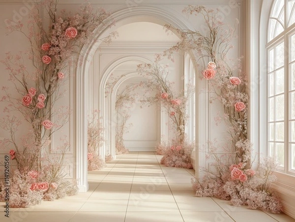 Fototapeta Elegant hallway with floral arches, pastel pink flowers. Soft lighting creates romantic, vintage ambiance. Light beige floor tiles add to delicate aesthetic. Arches, walls adorned with delicate pink