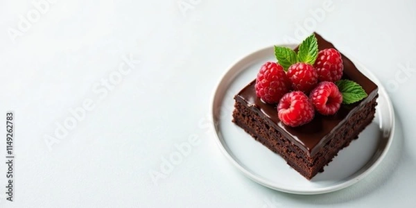 Fototapeta A delectable chocolate dessert, rich and fudgy, adorned with fresh raspberries and a sprig of mint, served on an elegant plate.