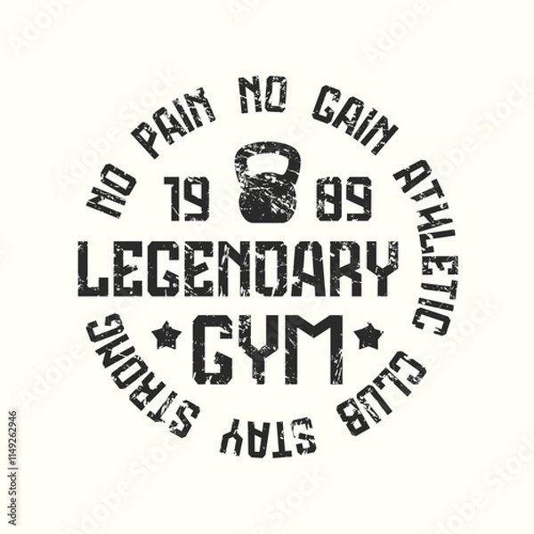 Fototapeta Round typographic emblem for gym club. Graphic design with rough texture for t-shirt. Black print on white background