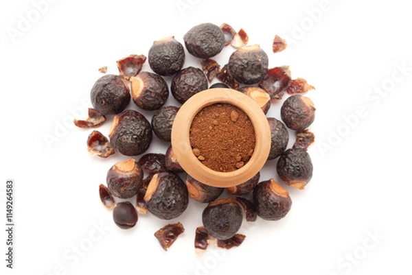 Obraz A mud pot filled with organic Soapnuts or Reetha (Sapindus mukorossi) powder, placed on a heap of Soapnuts berries, isolated on a white background.