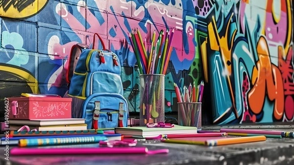 Obraz Back to school mockup with an array of colorful school supplies and a backpack on a trendy urban graffiti wall background, with a mockup
