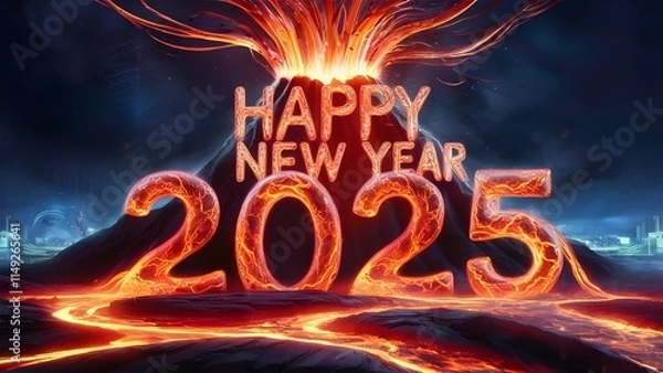 Fototapeta Fiery happy new year 2025 greeting with bold glowing text surrounded by dynamic flames creating an intense and energetic holiday celebration design