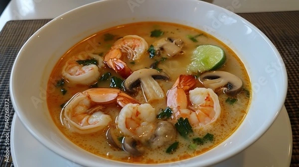 Fototapeta Aromatic Tom Yam Kung soup featuring prawns mushrooms and lime served top view