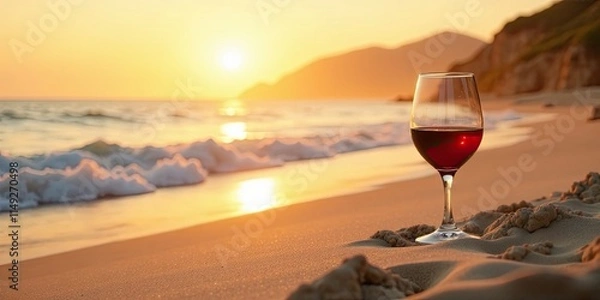 Fototapeta Golden Hour Relaxation A Glass of Red Wine on the Sandy Beach at Sunset