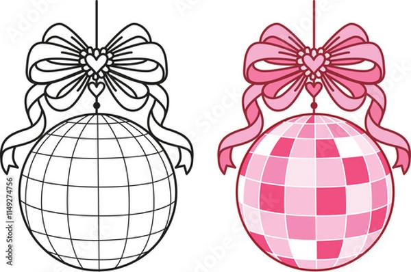 Obraz Pink bow ribbon with night club disco ball clipart coquette aesthetic for design element or coloring page. Vector illustration.
