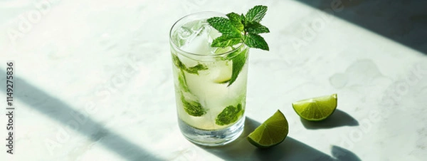 Fototapeta Refreshing mojito cocktail served with mint leaves and lime wedges on a sunlit marble surface.