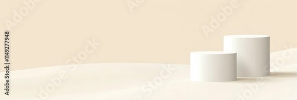 Fototapeta Two white cylindrical podiums on beige background.