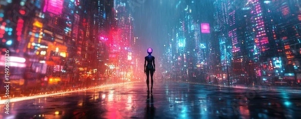 Fototapeta Advanced humanlike figure with visible brain, digital environment filled with holographic displays, neon lights, futuristic technology and cybernetic features