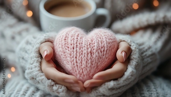 Fototapeta Gentle pink heart in hands with a Thank You message, cozy warm background, a cup of coffee nearby, soft tones and peaceful mood