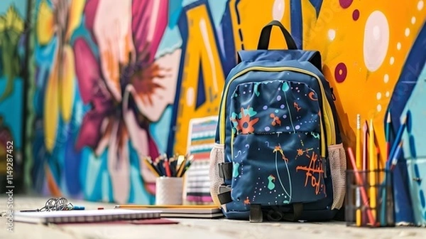 Obraz Back to school mockup with a trendy backpack, visual arts tools, and sketchbooks on a vibrant mural background, with a mockup