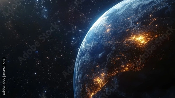 Fototapeta A stunning view of Earth from space, showcasing glowing city lights against a backdrop of stars and cosmic elements.