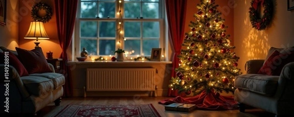 Fototapeta Christmas tree in a cozy room with warm lighting, soft glow, snug and comfortable, christmas tree