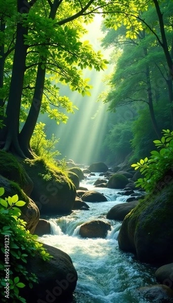 Fototapeta Sunlight filters through the lush green canopy of a forest above a flowing river, foliage, leafy, nature