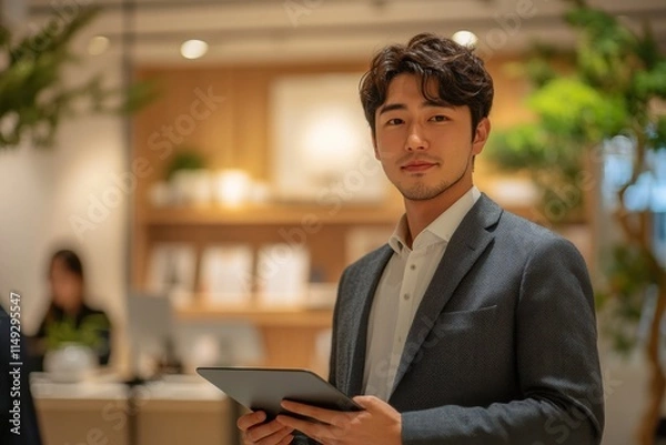 Fototapeta A man in a suit holding a tablet. Generative AI